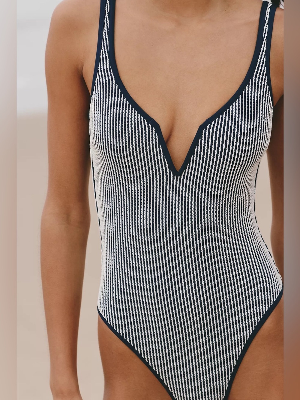 LSPACE Anthropologie Coco One-Piece Swimsuit in Midnight Navy Blue and White
